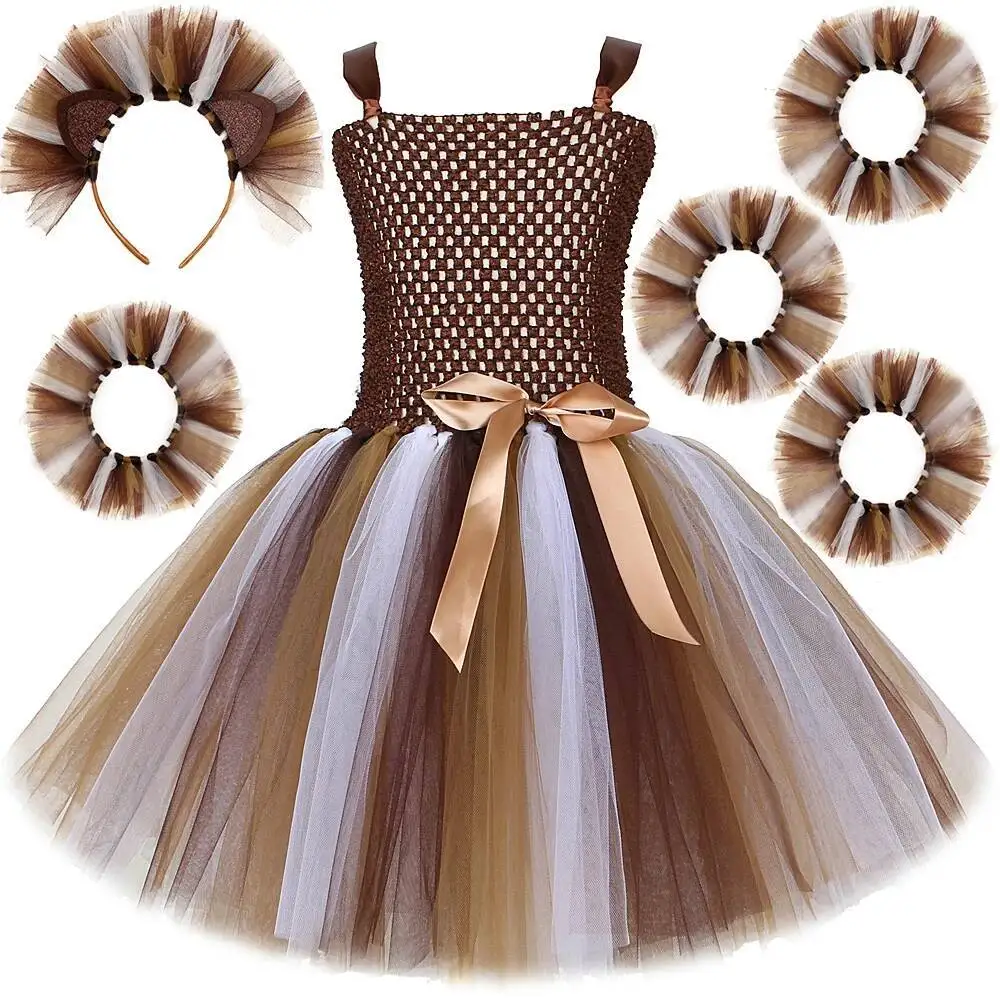 Jungle Anmals Lion Dresses for Girls Christmas Halloween Costumes with Wrist & Ankle Cuffs Kids Princess Ballet Tutus Outfit