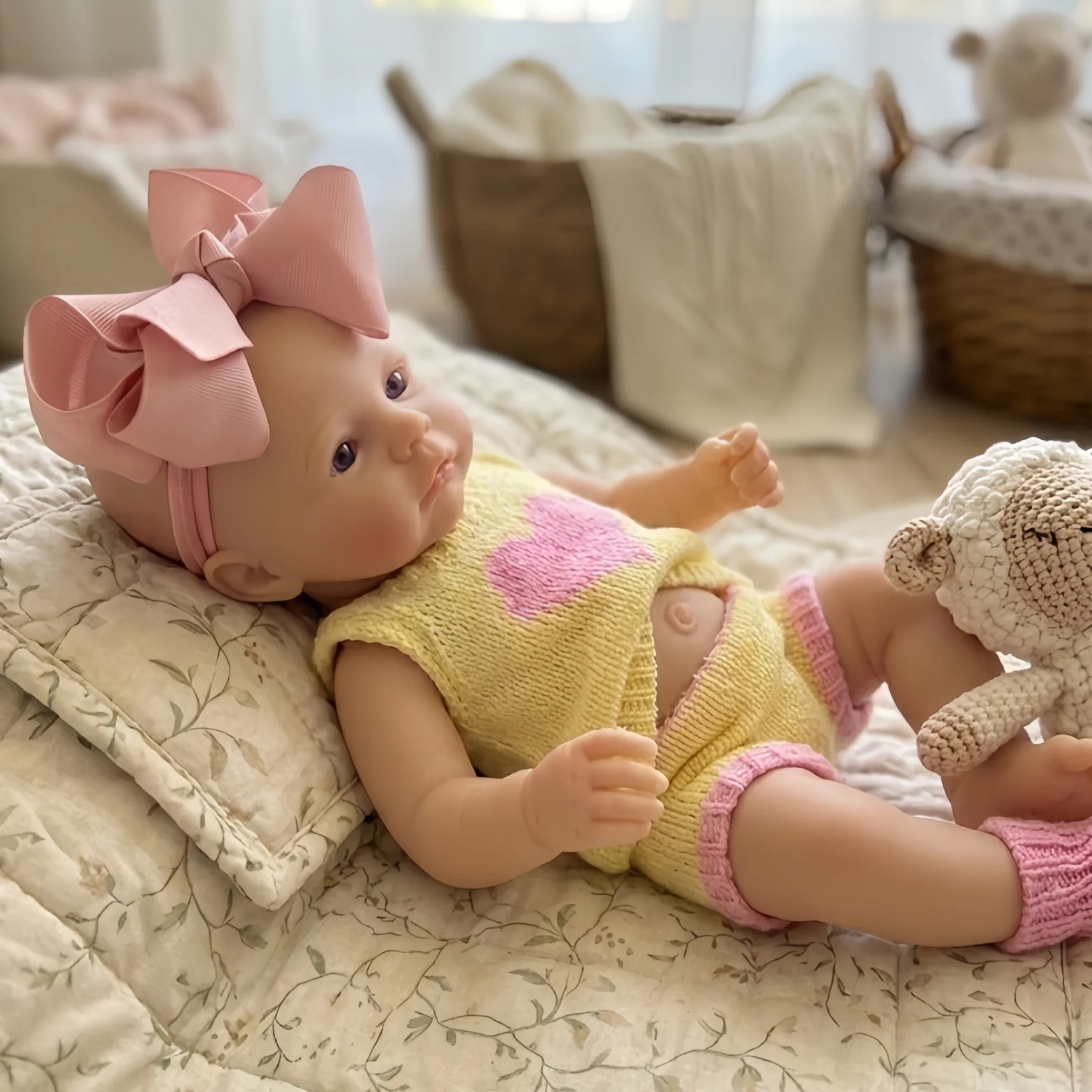 13Inch Can Open Mouth Meadow With 2 Clothes Solid Silicone Bebe Reborn Girl  Painted Skin Handmade Lifelike Newborn Baby Dolls