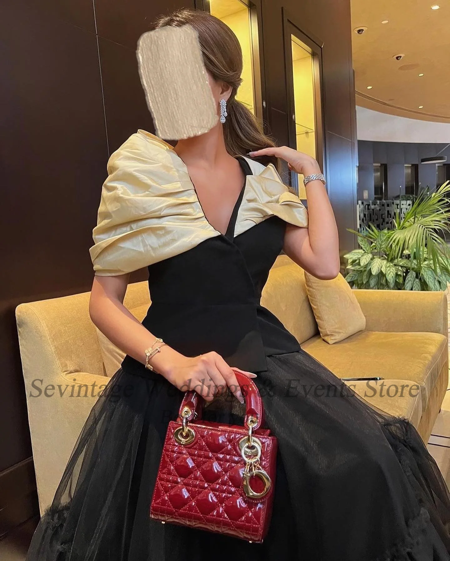 Sevintage Schwarz Tüll Saudi-arabien Prom Kleider Formal Weg Schulter Frauen Abend Party Kleider Knöchel Länge Midi Promi Kleid