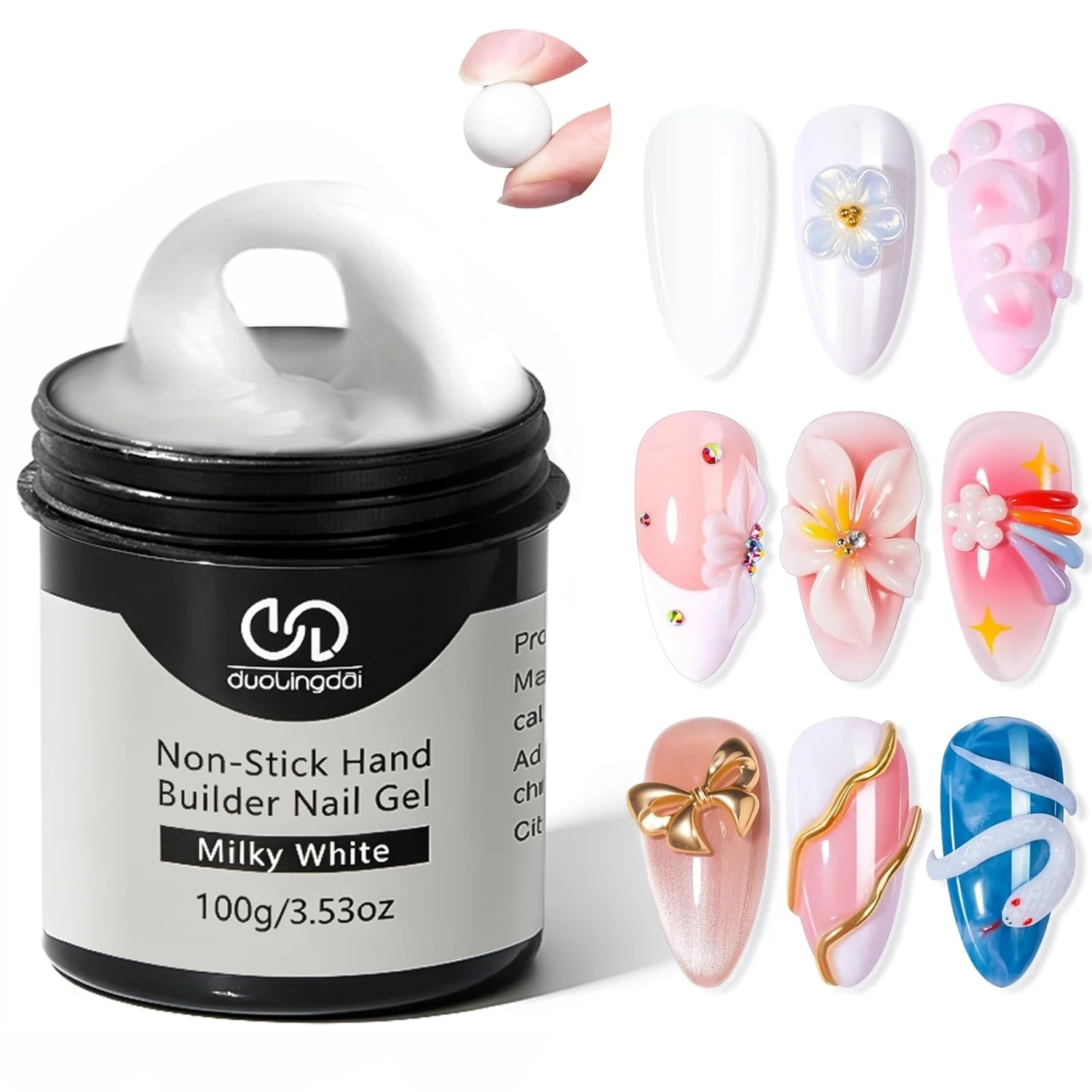DOULINGDAI 100g Milky White Solid Builder Nail Gel Kit, Non-Stick Hard Gel for Extension & 3D Carving, No Slip Solution Needed