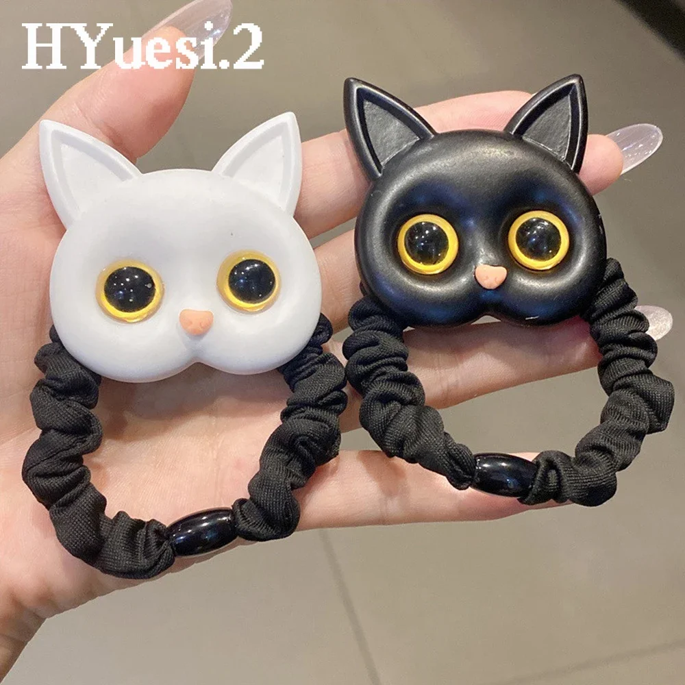 Cartoon Black White Cat Charms Hair Ties Kids Girls Cute Elastic Ponytail Holder Rubber Band Women Hairband Summer Headwear