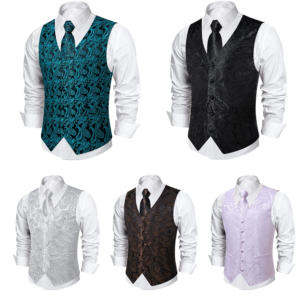 Chaleco de seda elegante para hombre, conjunto de corbata de lujo, azul azulado, negro, plateado, cachemir, traje de esmoquin para fiesta de boda, chaqueta sin mangas