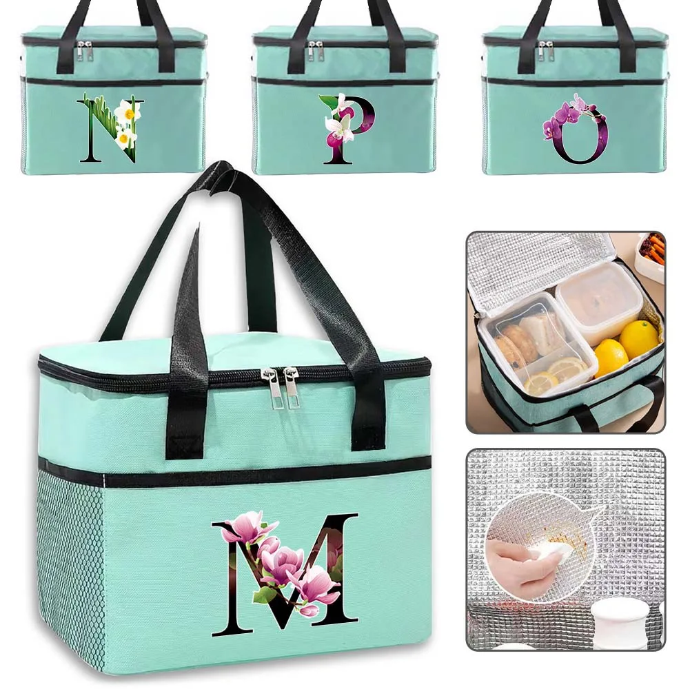 New Lunch Bag Food Tote Waterproof Box Thermal Insulated Bags Outdoor Travel Camping Organizer Case Flower Color Letter Pattern