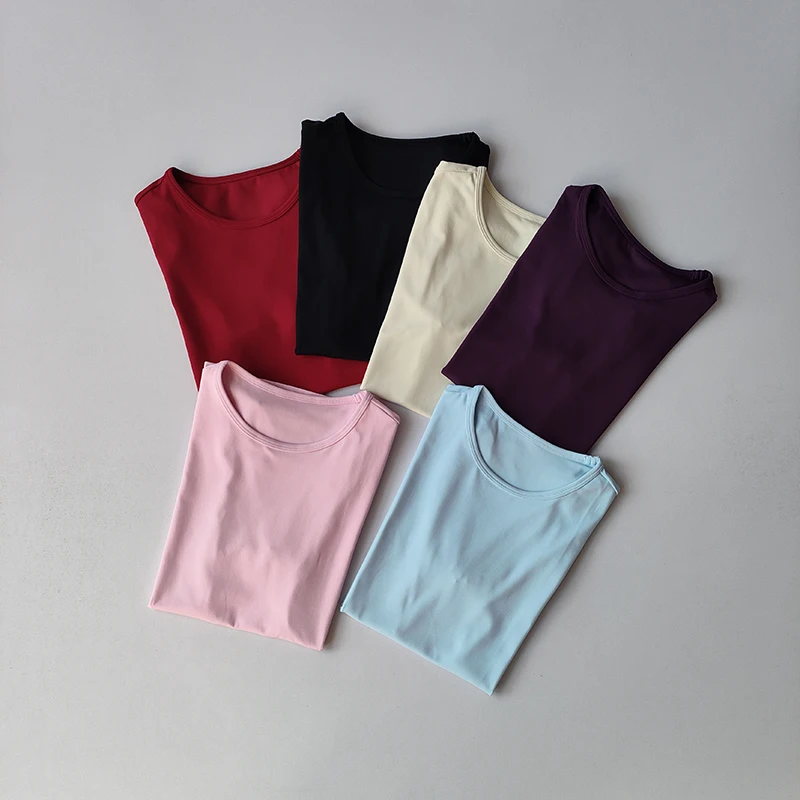 Hautfreundliche, einfarbige Yoga-Kleidung für Damen: Kurzärmeliges, schnelltrocknendes, elastisches, eng anliegendes T-Shirt, Fitness-Oberteil. – Detail 14