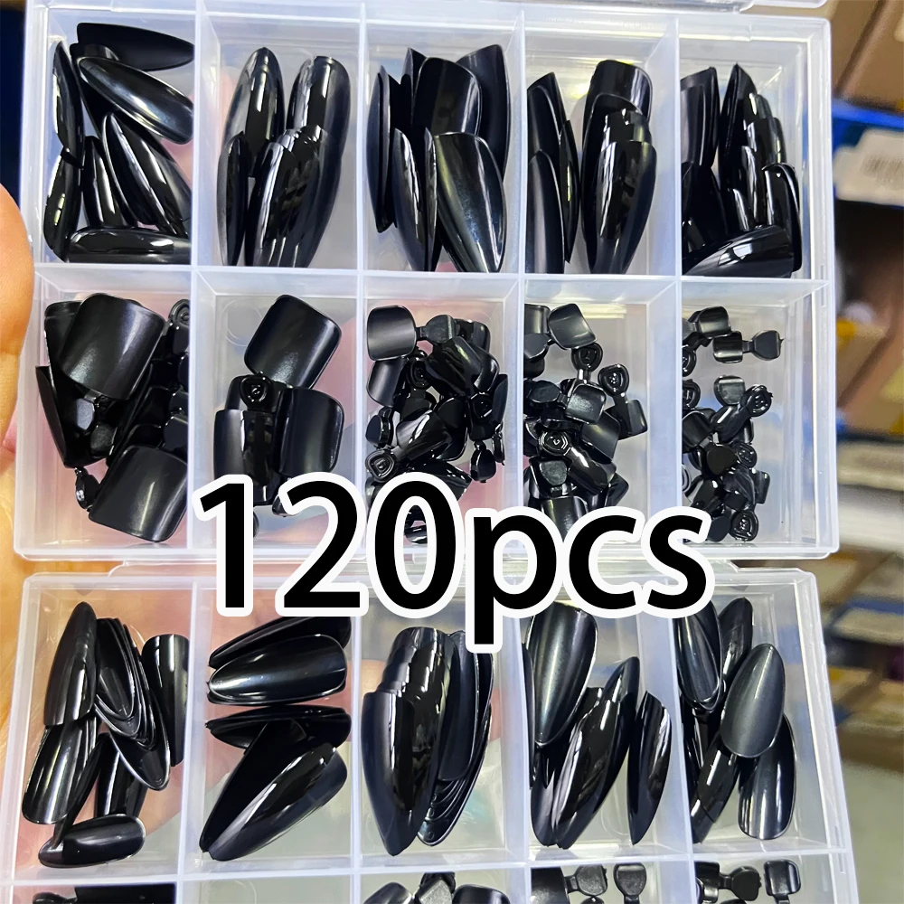 120 قطعة/صندوق أظافر اليد السوداء + أظافر القدم غطاء كامل الأظافر وهمية لامعة قصيرة اللوز على الأظافر وأظافر مربعة مجموعة مانيكير بها بنفسك ﻿