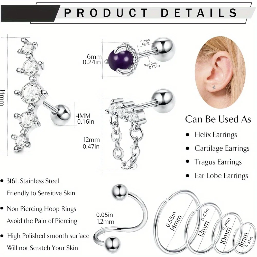 Drperfect 1Pcs Surgical Steel  16G Cartilage Earring Studs for Women Helix Tragus Conch Earrings CZ Earrings Cartilage Piercing