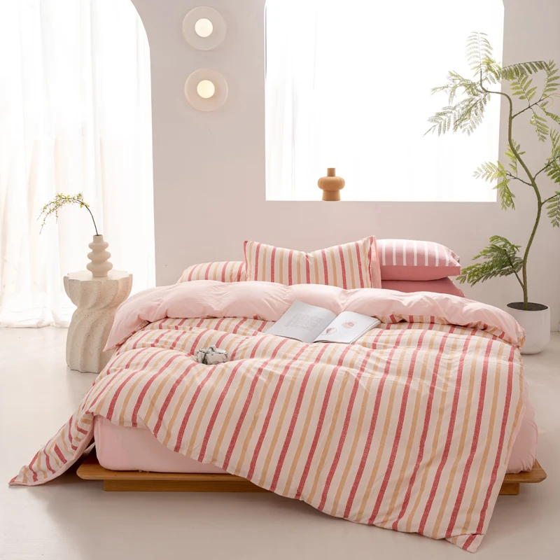 Stripe Duvet Cover Set Color Stripes Quilt Cover with 1 Pink Flat Sheet and 2 Pillowcases,4pcs Polyester Girls Room Bedding Set