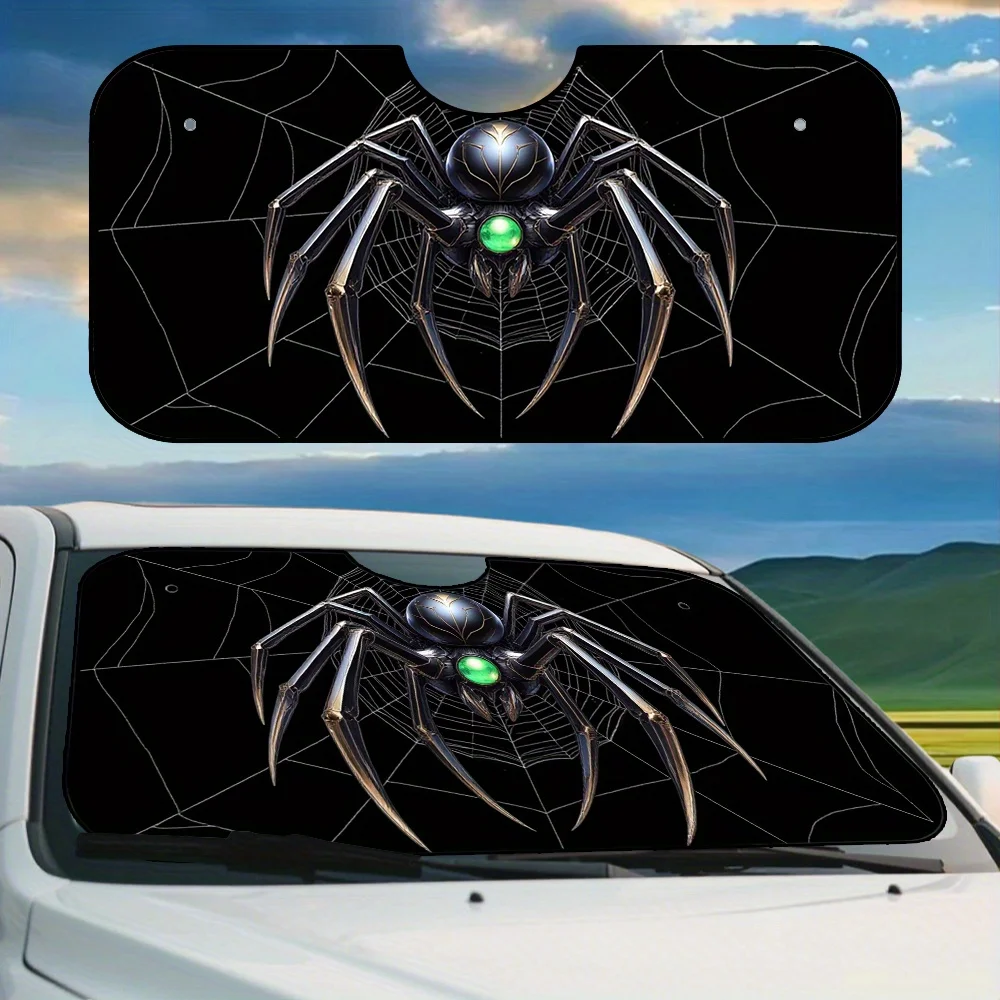 

1pc Spider Web Car Windshield Sunshade - Green & Black Polyester Sunshade With Unique Spider Print, Fit For All Vehicles, Easy I