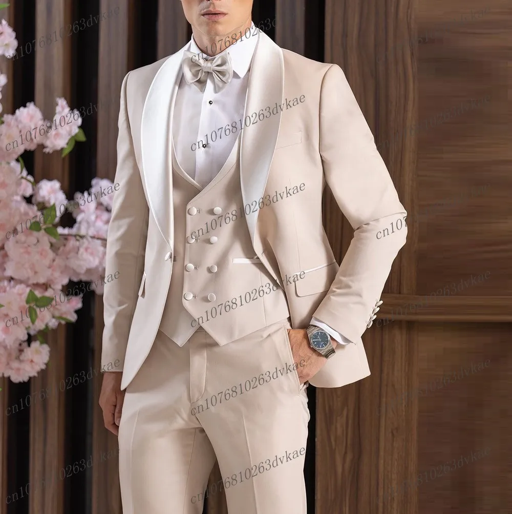 

White Collar Beige Men Suit Wedding Party Formal Groom Groomsman Prom Business Male Tuxedos 3 Piece Set Jacket Vest Pants