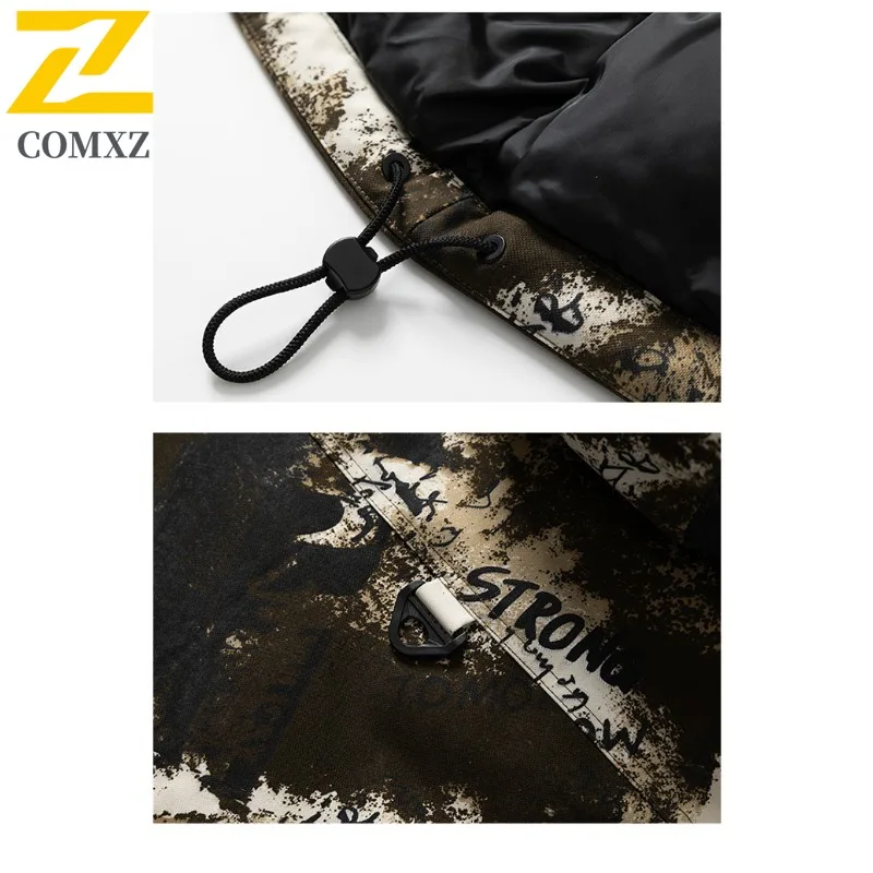 COMXZ Men Camo Puffer Leisure Hooded Jacket Outdoor Camping Thickened Warm Padding Coat Travel Windproof Winter Windbreaker