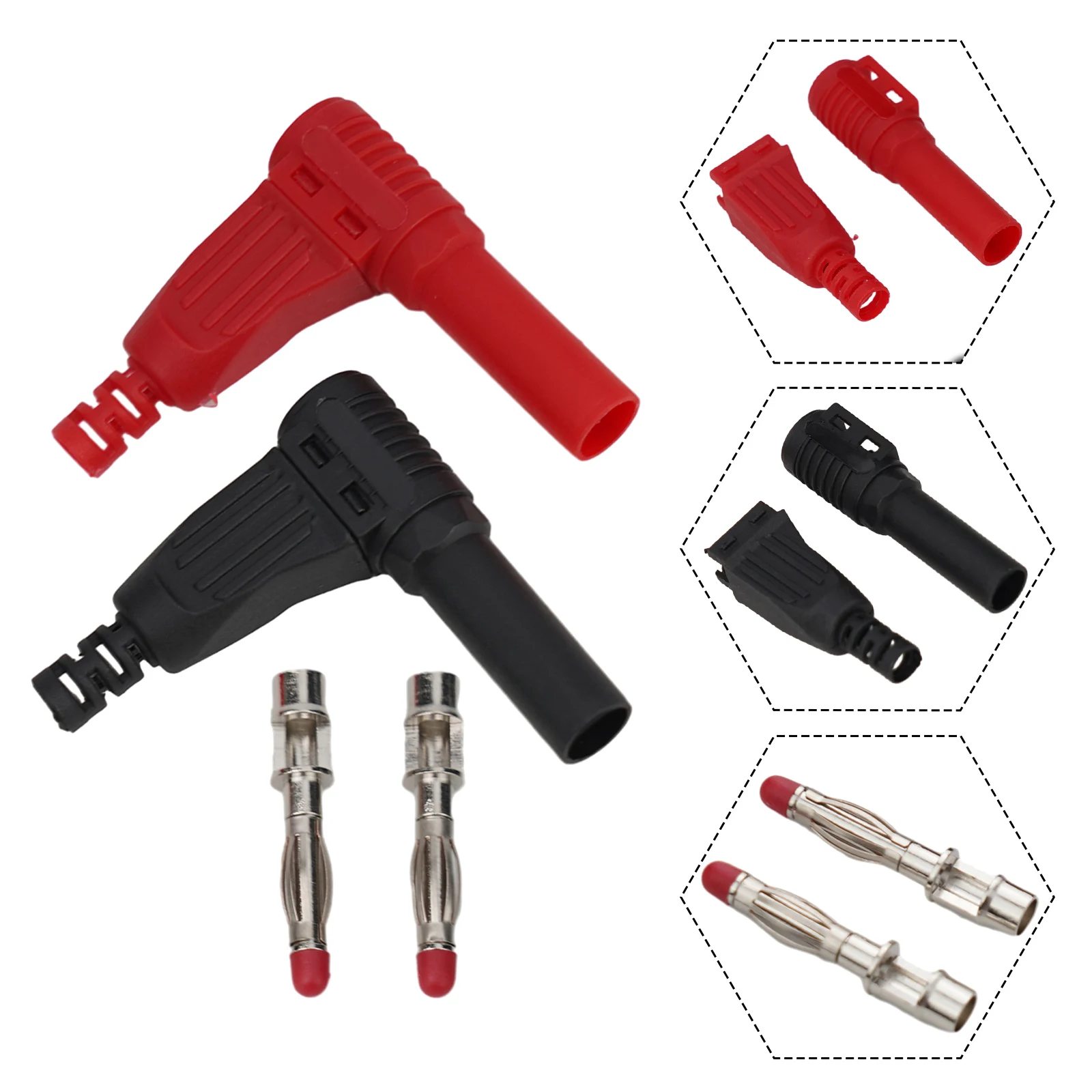 4mm Male Right Angle Insulated Banana Connectors for CE CATII 1000V 32A Applications with Standard Shrouded Compatibility