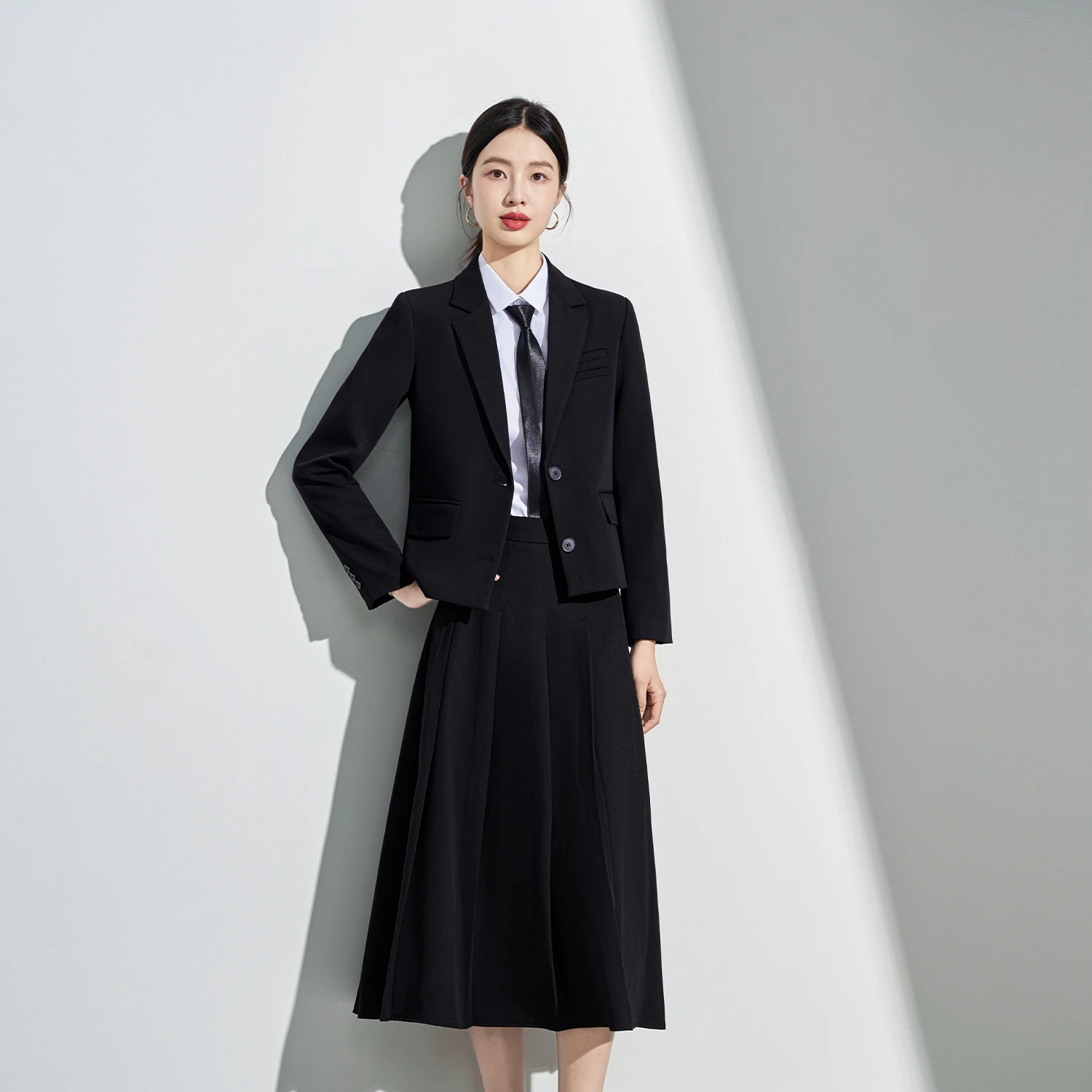 Navu outono elegante senhora do escritório ternos preto cinza gola entalhada manga longa moda profissional casual blazer e uma saia linha