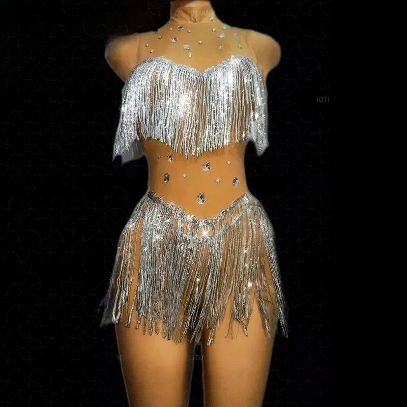 

Women Shiny Sequins Tassel Bar Nightclub Performance CostumeSleeveless Bodysuit Fringe Leotard Swimsuit Dancer Carnival Party
