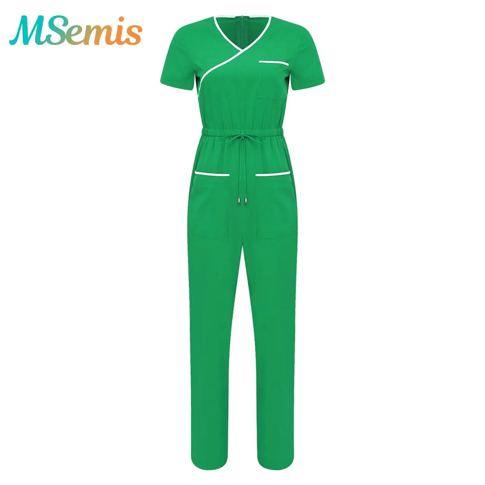 

Womens Professional Medical Scrubs Jumpsuit Nurse Working Suit Drawstring Long Pants Back Zipper Rompers Coverall Costume
