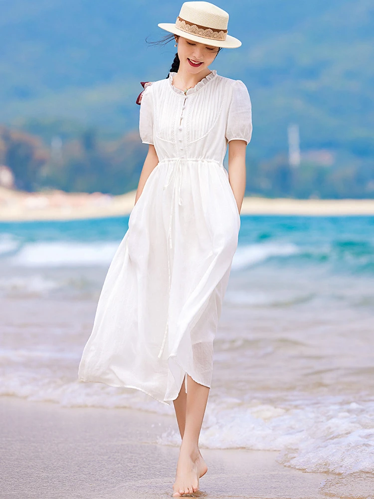 

High Quality Women Ramie Dress New Arrival 2026 Summer European Style Stand Collar Ladies Elegant White Long Dresses M2752