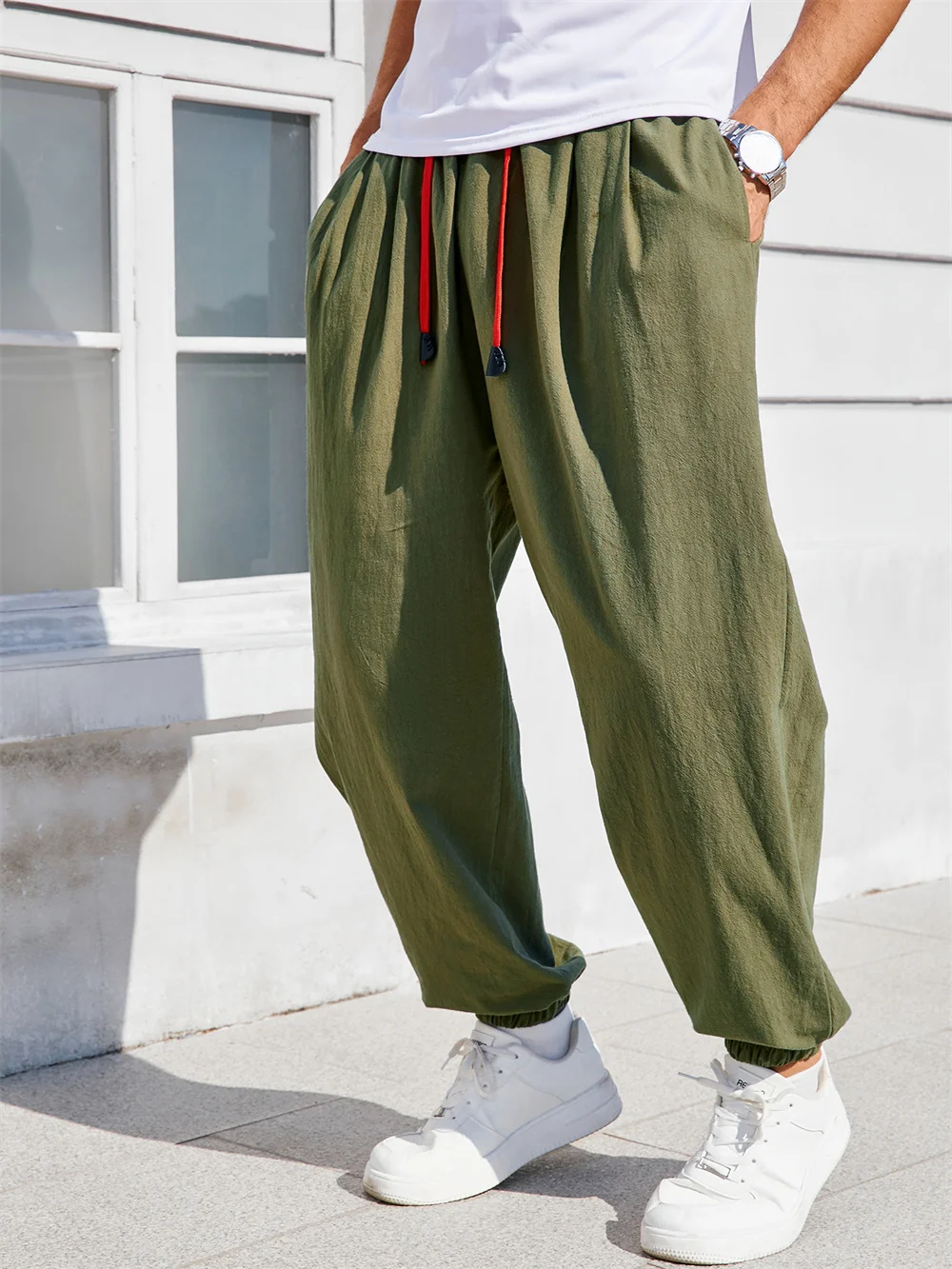 Herren-Haremshose, lockere Passform, chinesischer Stil, Baumwolle, Leinen, einfarbig, gemütliche Jogginghose, Jogger, hochwertige männliche Freizeithose – Detail 3