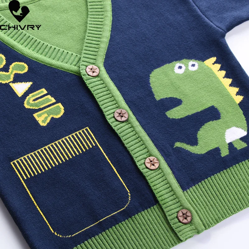 New Autumn Winter Kids Fashion Cardigans Baby Boys Cartoon Dinosaur Single-breasted V neck Knit Cardigan Sweater Coat Outer Wear