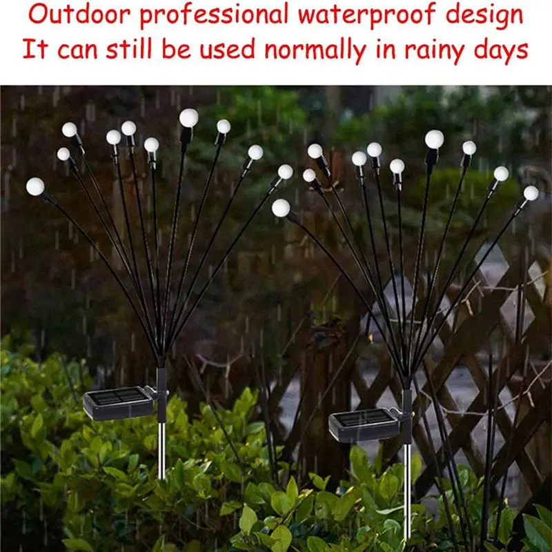 VEHO-2PCS 10 Head Solar Powered Firefly Lights, 10 LED Outdoor Waterproof Solar Starburst Swaying Garden Lights