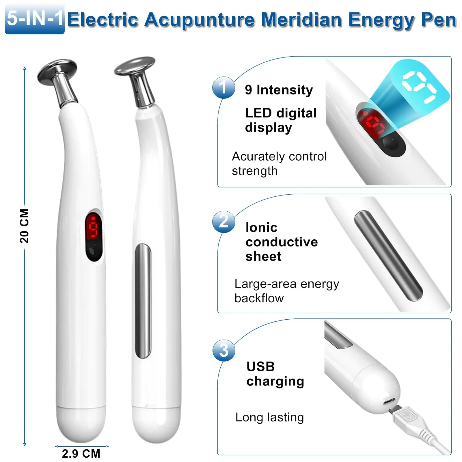قلم العلاج بالابر الكهربائي القابل لإعادة الشحن - 5 رؤوس قابلة للتبديل لتخفيف آلام العضلات والتعب، أداة تدليك الوجه والجسم