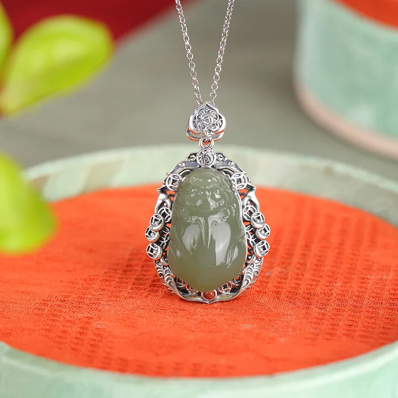 Natural Hetian S925 Sterling Silver Green Jade Coin Pixiu New Ethnic Style Pendant