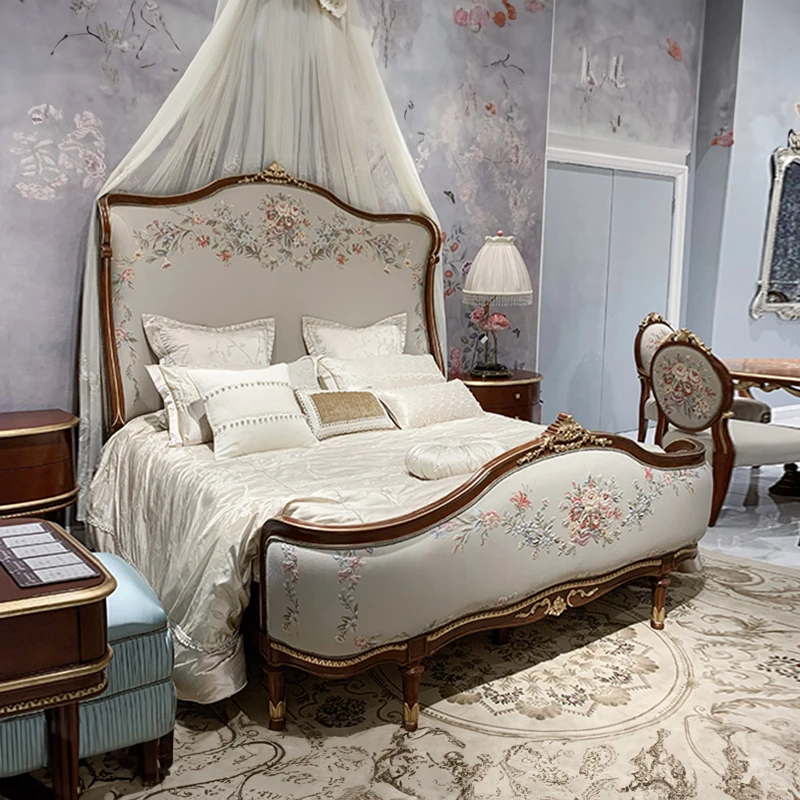 !@French Marquetry American Style Designer Bedroom Set Exquisite Wood Carving Bed Set