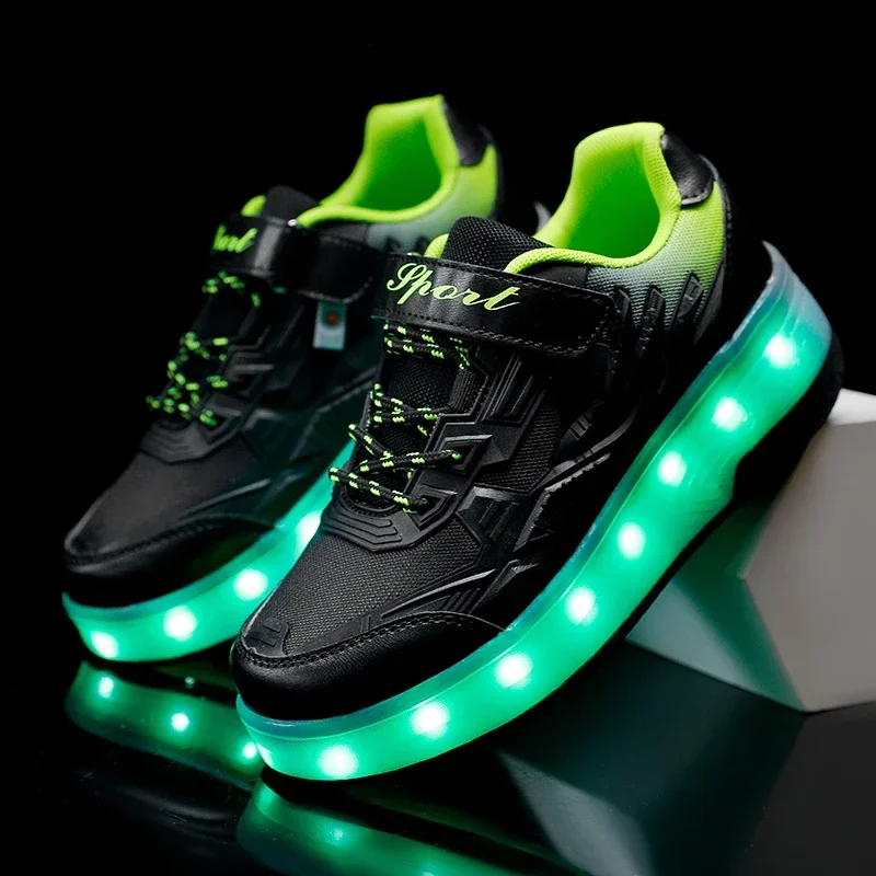 Kid's Sneakers LED Illuminated Shoes Thick Sole USB Charge Roller Skates Outdoor Children Sports Skateboard Shoes for Boys Girls