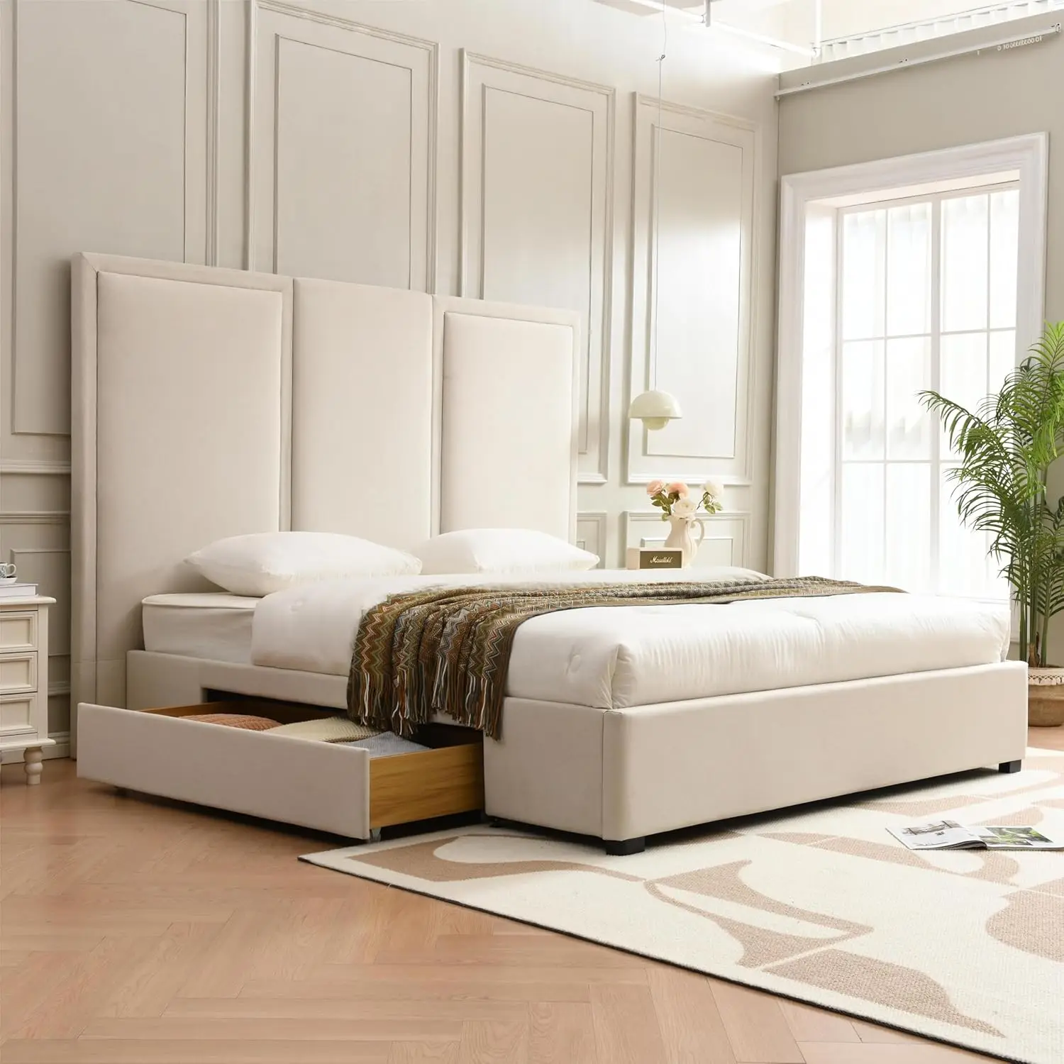 

Кровать размера «King-size» с изголовьем высотой 64 дюйма, простая и воздушная кровать-платформа с обивкой из льна и местом для хранения, на заказ