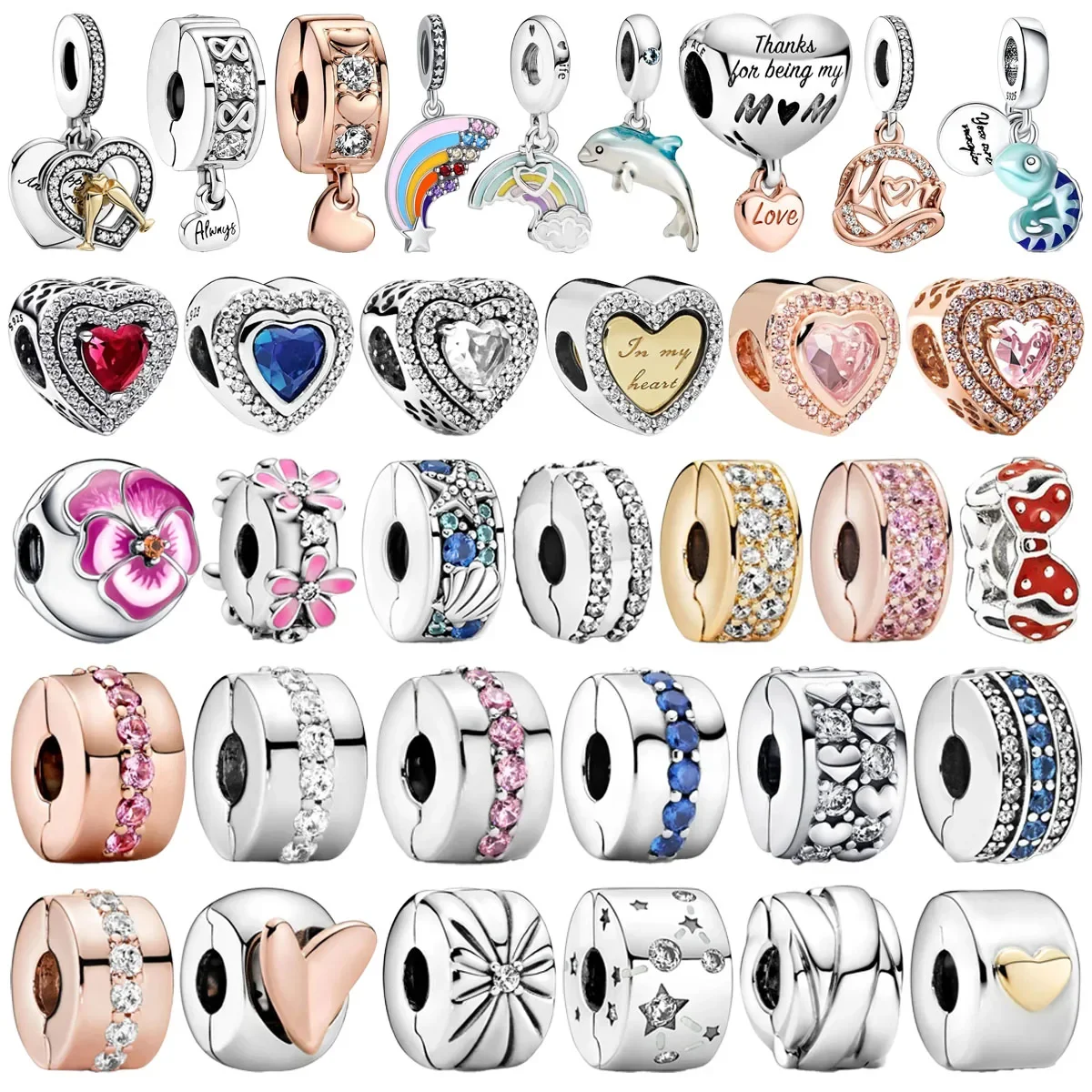 Breloques originales en argent regardé 925 pour femme, animal, cœur, fleur, arc-en-ciel, requin, perles pour bracelet Pandora bricolage, cadeau de bijoux