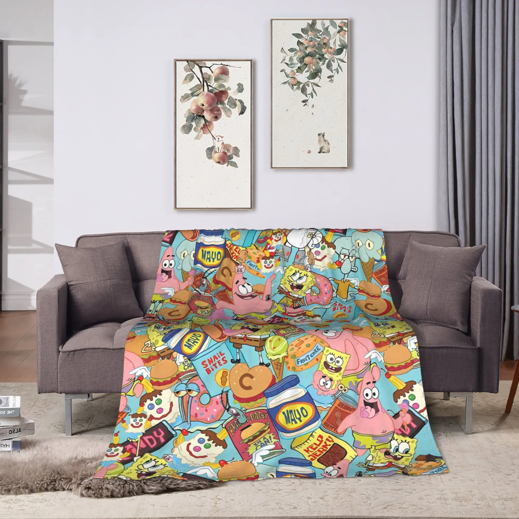SpongeBobs Mixed All Character Chaos Mash Plush Blanket Kids  Flannel Throw Blanket For Outdoor Soft Quality Bedspread Gift Idea
