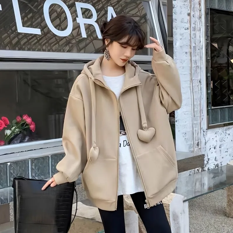 Women's Hooded Loose Sweater, Oversized Hoodie Top, Zipper Cardigan Coat, Monochromatic, Simple Outwear, Spring, Autumn, New