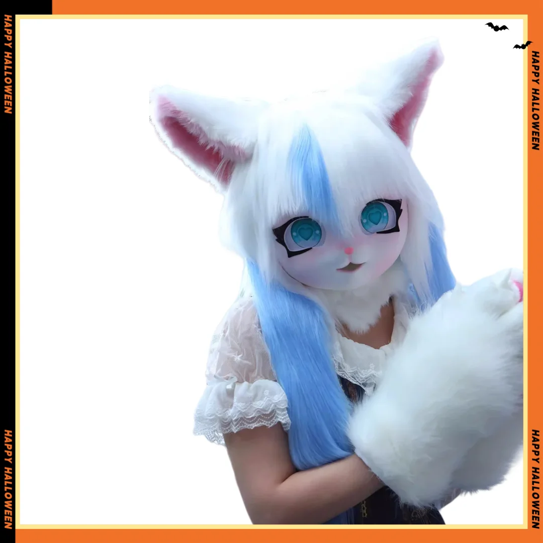 Disfraz de Cosplay peludo con auriculares, Base de cabeza de pata, Kigurumi Kig, Animal, gato, conejo, muñeca, máscara de bestia