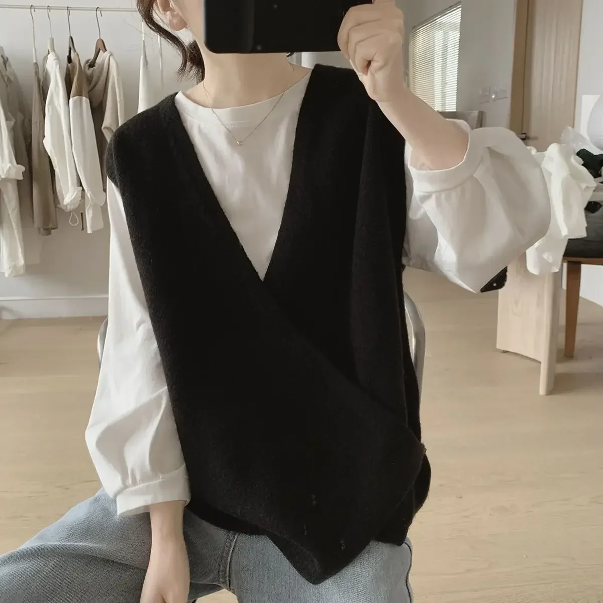 レディースセーターベスト ブラック ロング Vネック グレー ニットトップ 女性用 ヴィンテージ ジャンパー ファッション ジャージー 新作 ニットウェア クロシェ XQ843