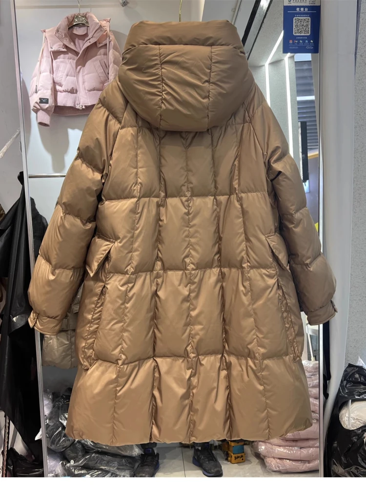 2025 inverno novo comprimento médio para baixo jaqueta feminina na altura do joelho com capuz solto grosso capa bolso grande pato branco para baixo jaqueta