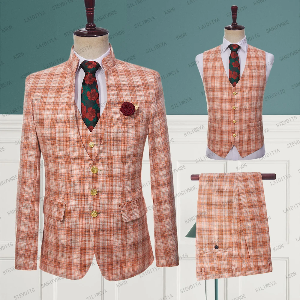 

2023 New Fashion Men Suits Stand Collar Business Linen Tangerine Striped Grid High End Slim Fit 3 Pcs Set Jacket Vest Pants