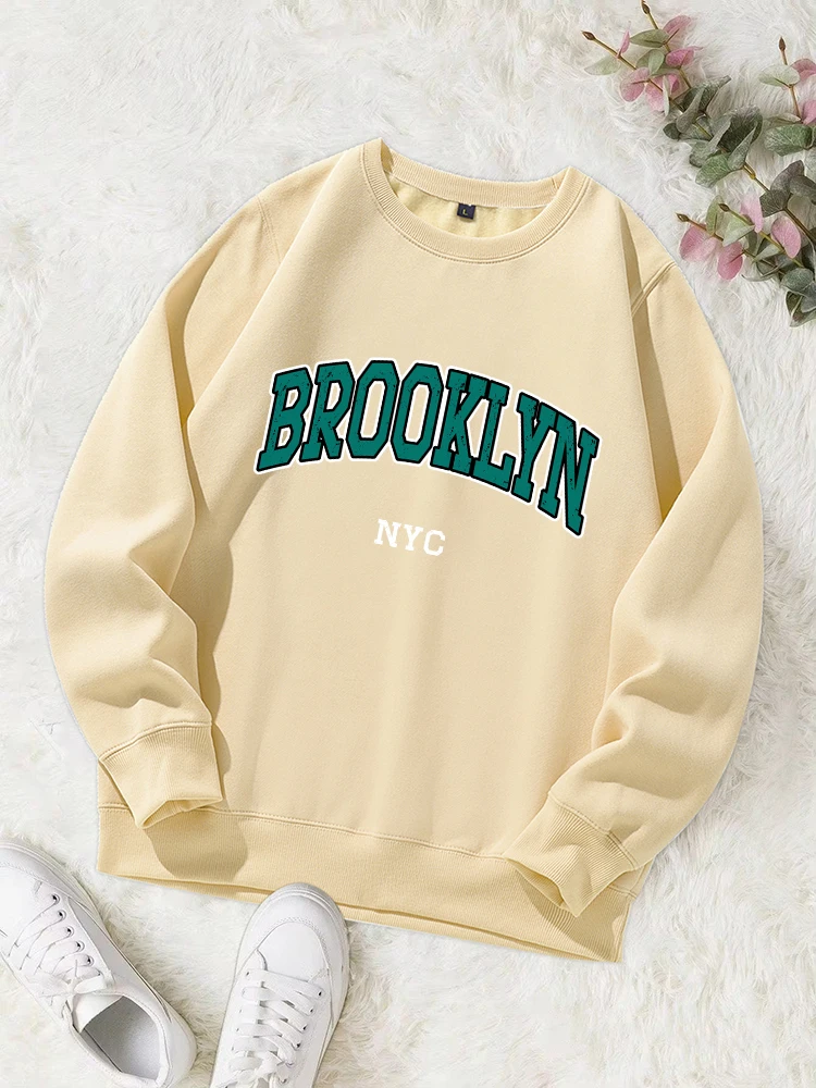 Brooklyn Nyc Letter Printed Hoody Women Simple Oversize Comfortable Sweatshirt Autumn Fleece O-Neck Hoodies Soft Warm Streetwear