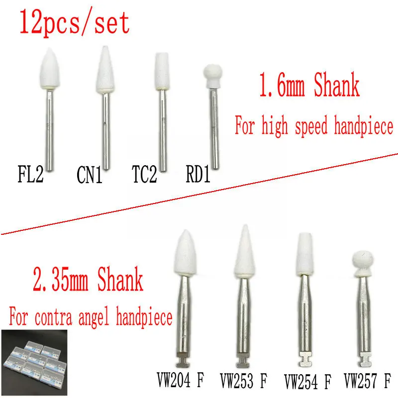 12Pcs/BOX Dental White Stone Polishing Burs for High Speed Handpiece or Low Speed Contra Angle Handpiece