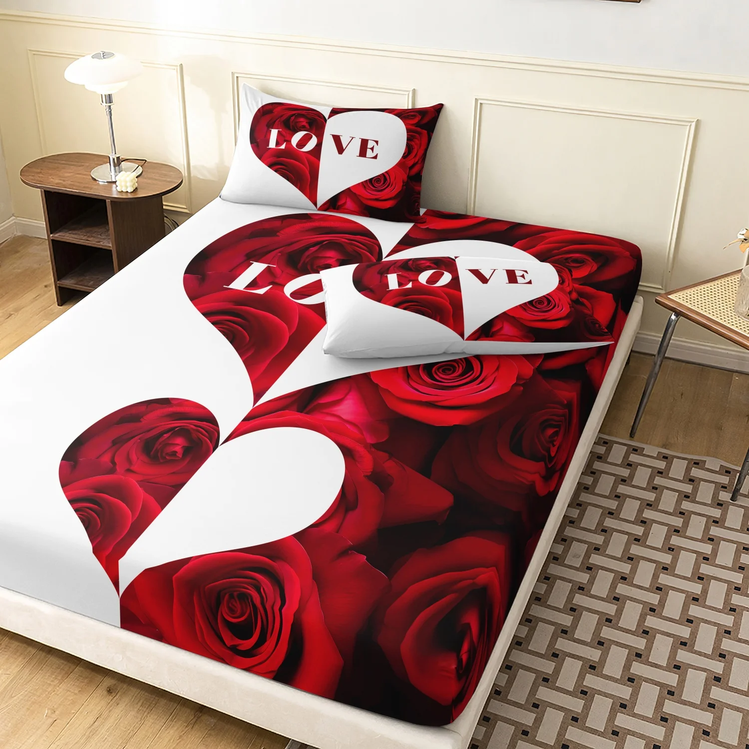 Red Rose Heart LOVE Letter Print 3Pcs Fitted Sheet Set, Romantic Red Floral Heart Shape Print Bedding, Multiple Sizes Available