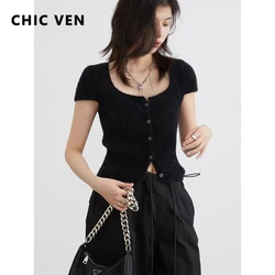 CHIC VEN Women's Knitwear T-Shirts Solid Single Breasted New Square Neck Short Sleeve Sweater Slim Cardigan Spring Autumn 2023