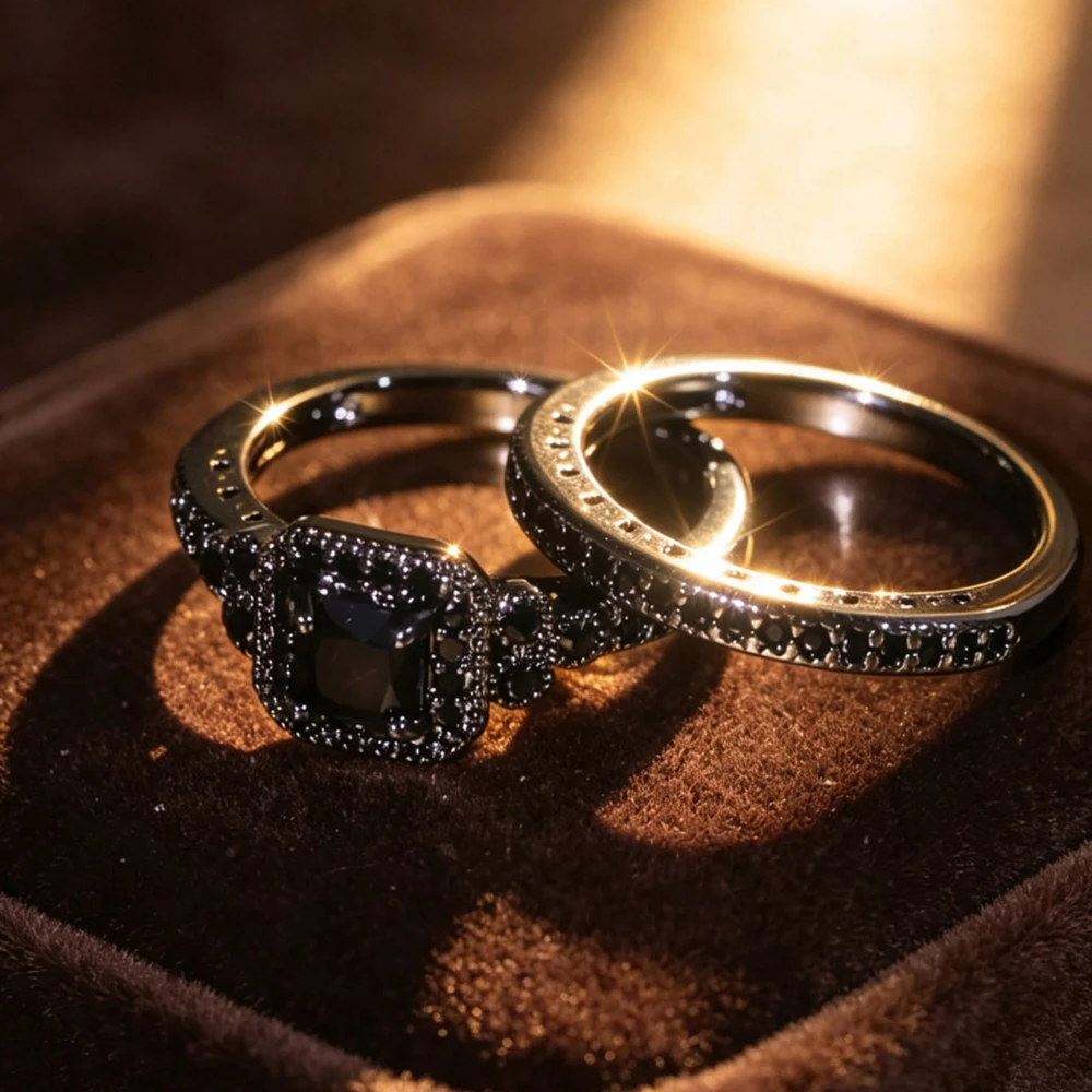 2Pcs Bridal Stackable Ring Set, Cushion Cut Halo Statement Ring With Full Eternity Matching Band, Promise Jewelry for Engagement Wedding Birthday Holiday Celebration for Women, Silver Black Two Tones Optional