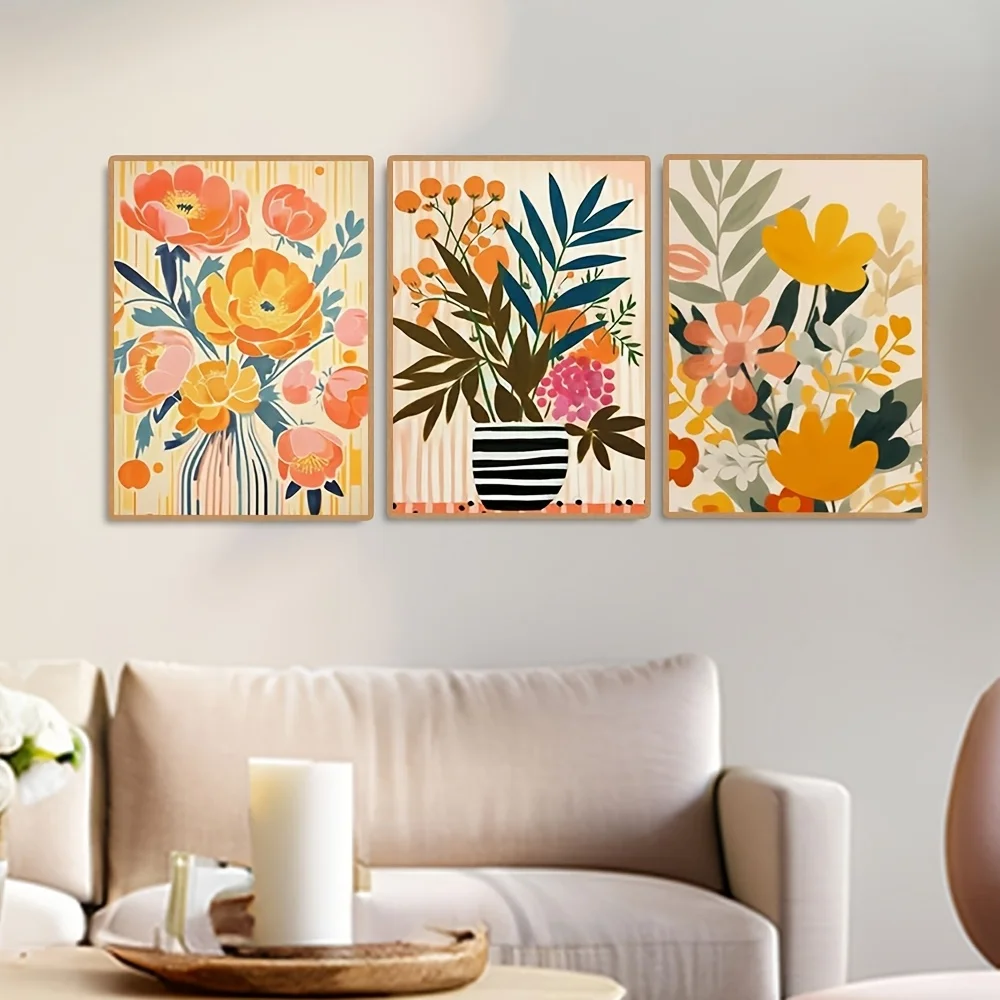 2D Flat, 2D Flat 3pcs Unframed Canvas Painting Set Abstract Colorful Gouache Flowers Wall Art Botanical Wildflower Poster Pri