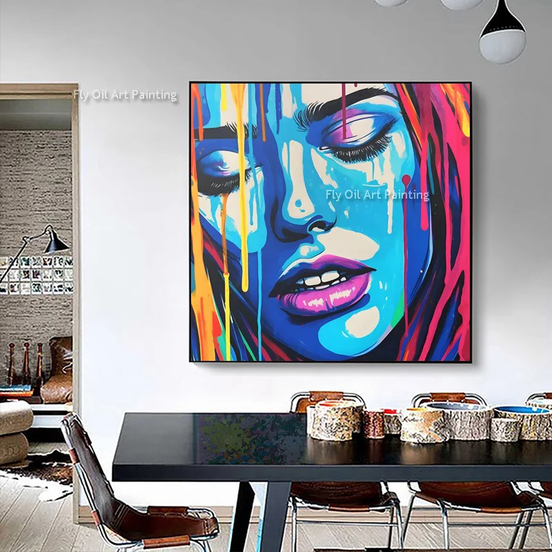 Special Design Blue Face Canvas Oil Painting Popular Design Hand Painted Beige Blue Red Women Face Home Wall Art Items As gIFT