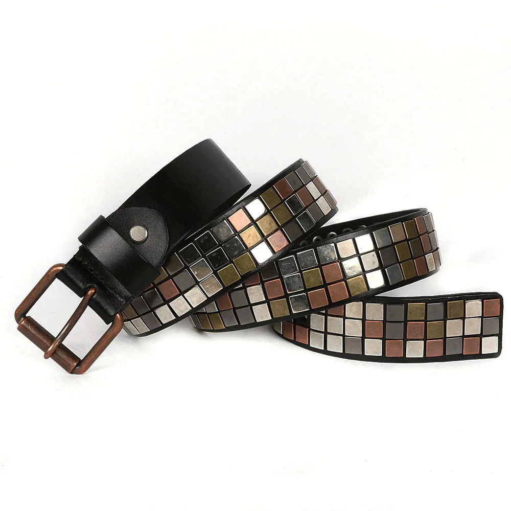 New Style Genuine Leathe  Belt with Square Ornament Rivets Design Cowhide Fashion Leather