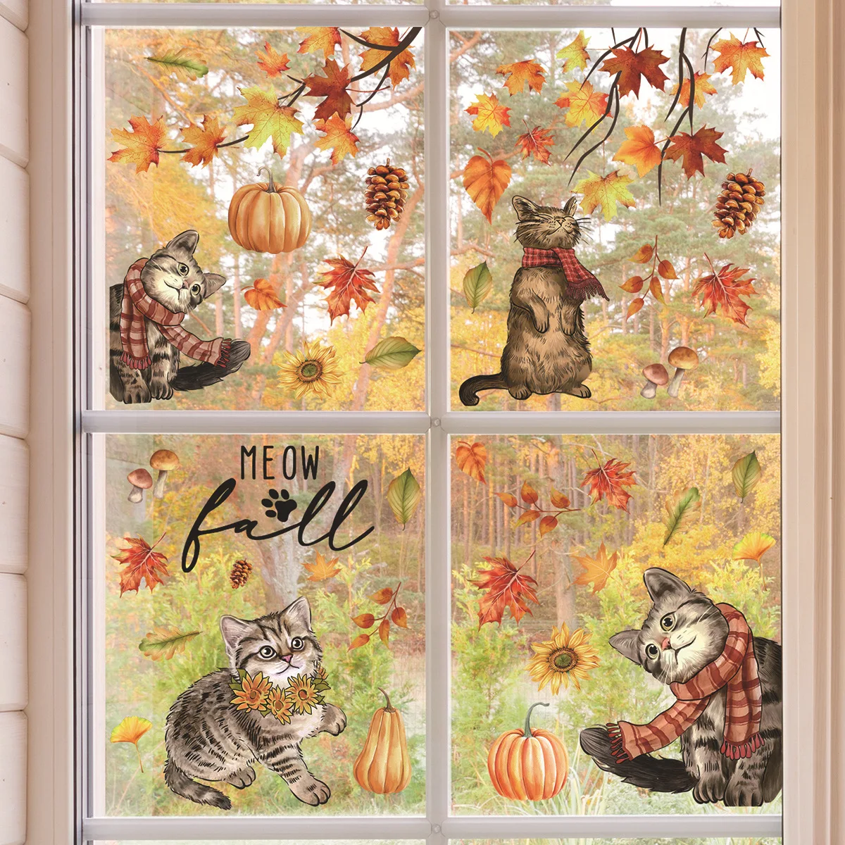 3pcs Autumn Cartoon Watercolor Cat Wall Stickers Double-sided Visual Glass Stickers Electrostatic Stickers Wallpaper Dj2029