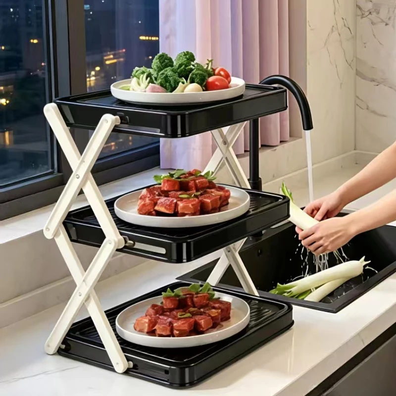 Foldable Food Prep Rack Kitchen Storage Organizer Tray Holder Plate Bowl Rack Hot Pot Ingredient Shelf Space Saving Home
