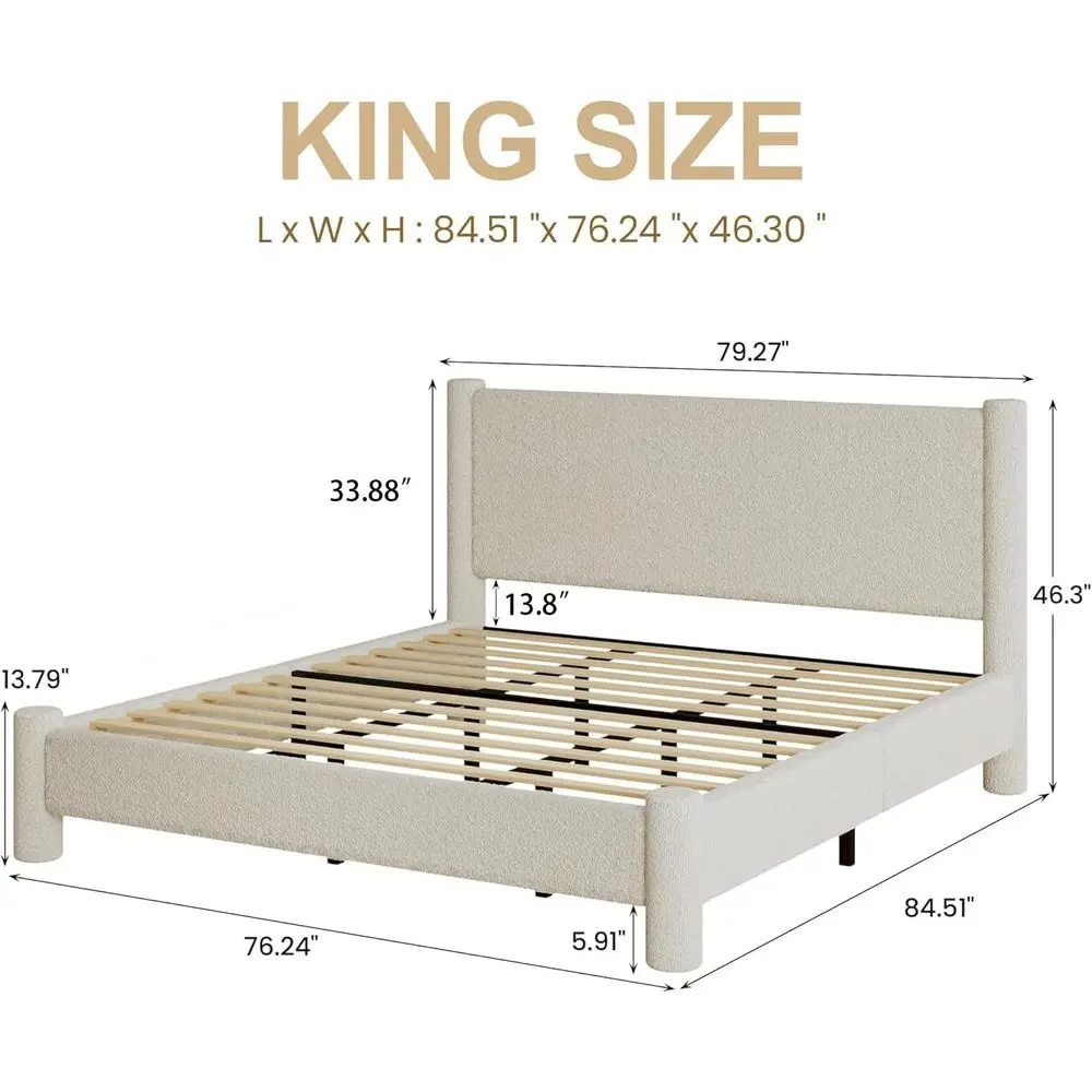 Cream King Size Upholstered Bed Frame with Rounded Corners, No Box Spring Needed, Easy Assembly, Headboard Included