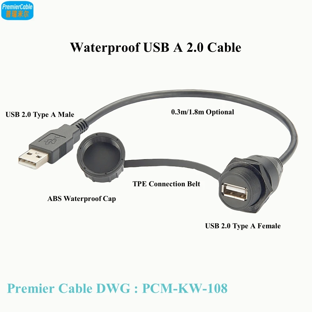 Waterproof USB A 2.0 Cable IP67 USB Type A Male to Female Panel Mount Extension Cable USB Pass Through Bulkhead Extension cable