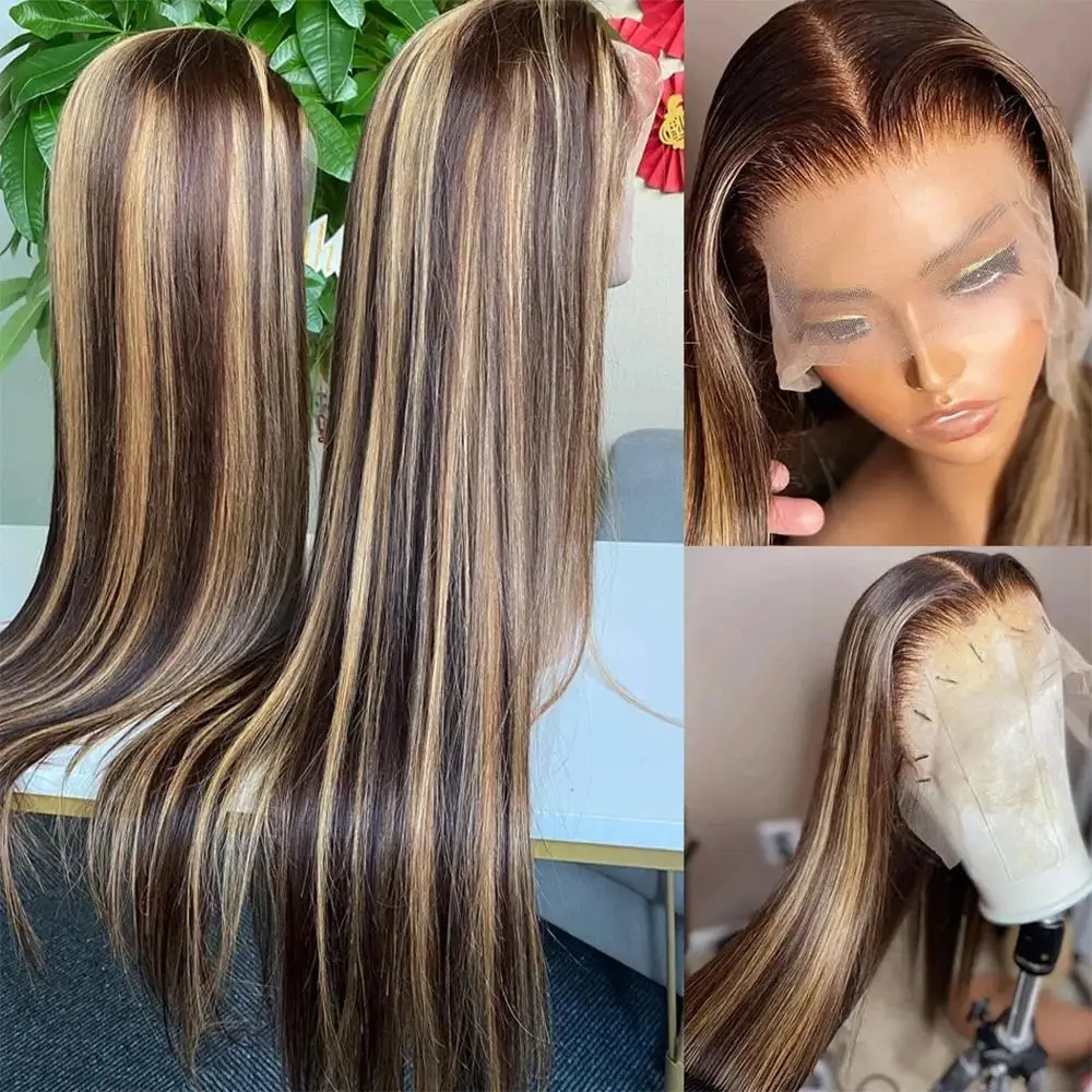 Colored Straight Frontal Wig 180 Density P4/27 Highlight Full Frontal Lace Preplucked HD Transparent Lace Human Hair Wigs