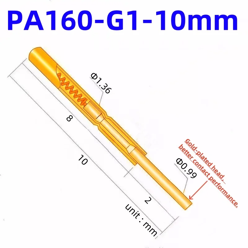 

20/100PCS PA160-G1 Spring Test Probe PA160-G Test Pin P160-G P160-G1 Test Tool 10mm 1.36mm Needle Gold Tip Dia 0.99mm Pogo Pin