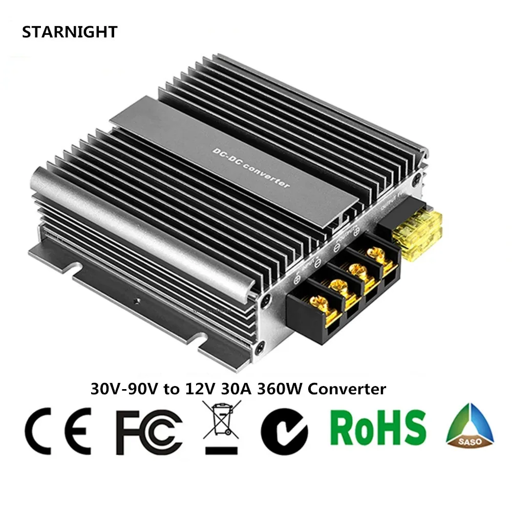 DC 30V-90V 60V 72V to DC 12V 30A Voltage Converter Transformer Regulator Step Down Buck Module Power Supply for Car LED Solar