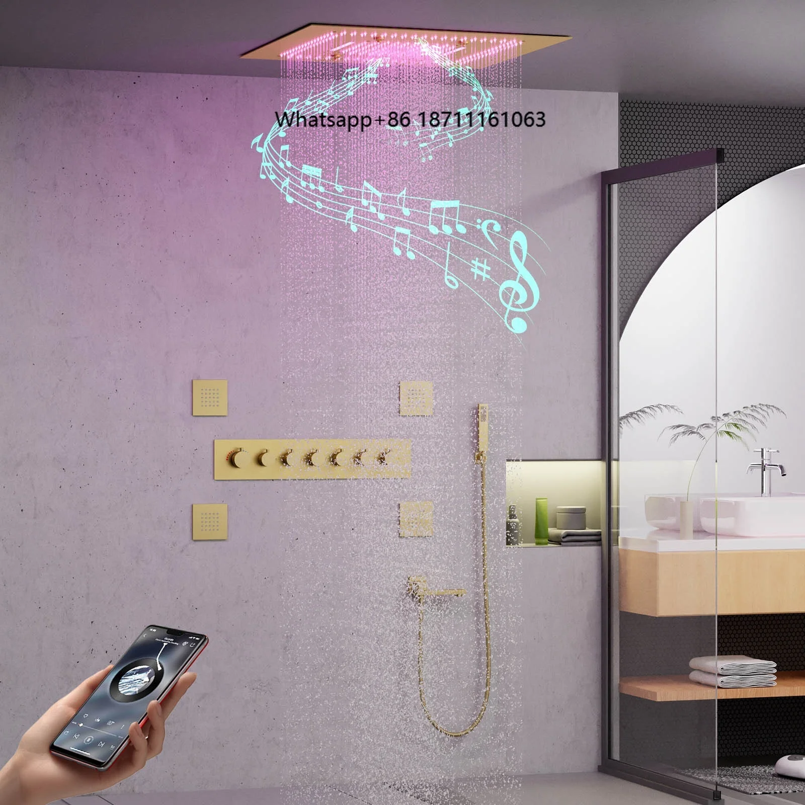 Luxurious Music Large Thermostatic Shower System 24 Inch LED Shower Head Bathroom Six Functions Brushed Gold Shower Faucet Set
